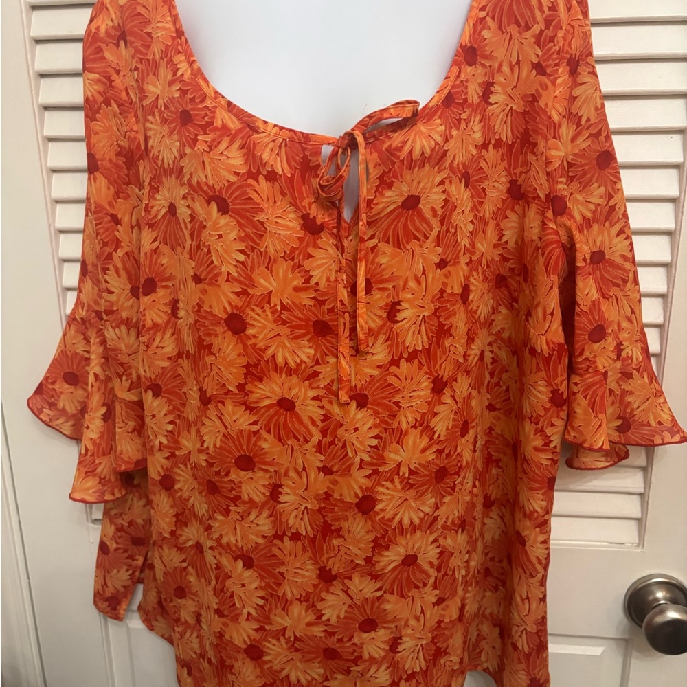Orange and Red Ruffled Bell Sleeve Blouse